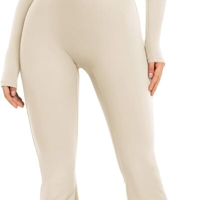 Women Long Sleeve Flare Workout Jumpsuit Zip Up Romper Bottom Pants Wide Leg Bodysuit Bodycon Sexy One Piece