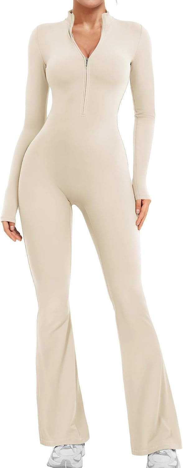 Women Long Sleeve Flare Workout Jumpsuit Zip Up Romper Bottom Pants Wide Leg Bodysuit Bodycon Sexy One Piece