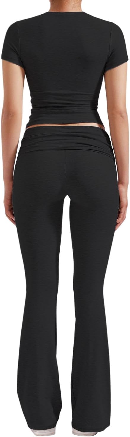 Women 2 Piece Lounge Outfits Slim Short Sleeve Tops Low Rise Flare Leggings Sets Yoga Sweatsuit - Image 2