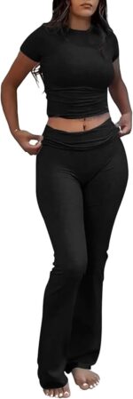 Women 2 Piece Lounge Outfits Slim Short Sleeve Tops Low Rise Flare Leggings Sets Yoga Sweatsuit