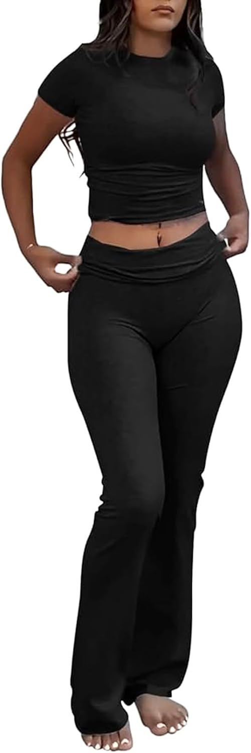 Women 2 Piece Lounge Outfits Slim Short Sleeve Tops Low Rise Flare Leggings Sets Yoga Sweatsuit