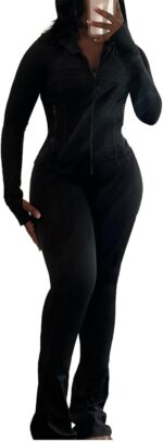 Women Two Piece Outfits Fall Workout Zip Up Sweatshirt And Jogger Flare Yoga Pants Gym Sweat Suits 2 Piece Set