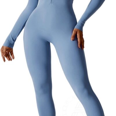 Women Long Sleeve Workout Jumpsuit Zip Up Yoga Rompers Sexy Tummy Control One Piece Bodycon Bottom Pants