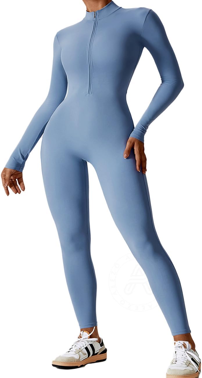 Women Long Sleeve Workout Jumpsuit Zip Up Yoga Rompers Sexy Tummy Control One Piece Bodycon Bottom Pants