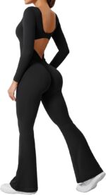 One Piece Wide Leg Jumpsuits for Women Workout Long Sleeve Backless Flare Jumpsuit Scrunch V Back Yoga Romper