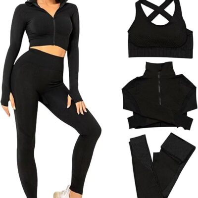 Women 3 PC Seamless Gym Clothing Workout Outfit with Jacket Bra & Leggings Set