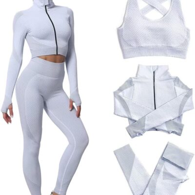 Women 3pcs Seamless Workout Outfits Sets, Yoga Sportswear Tracksuit Leggings and Stretch Sports Bra Fitness