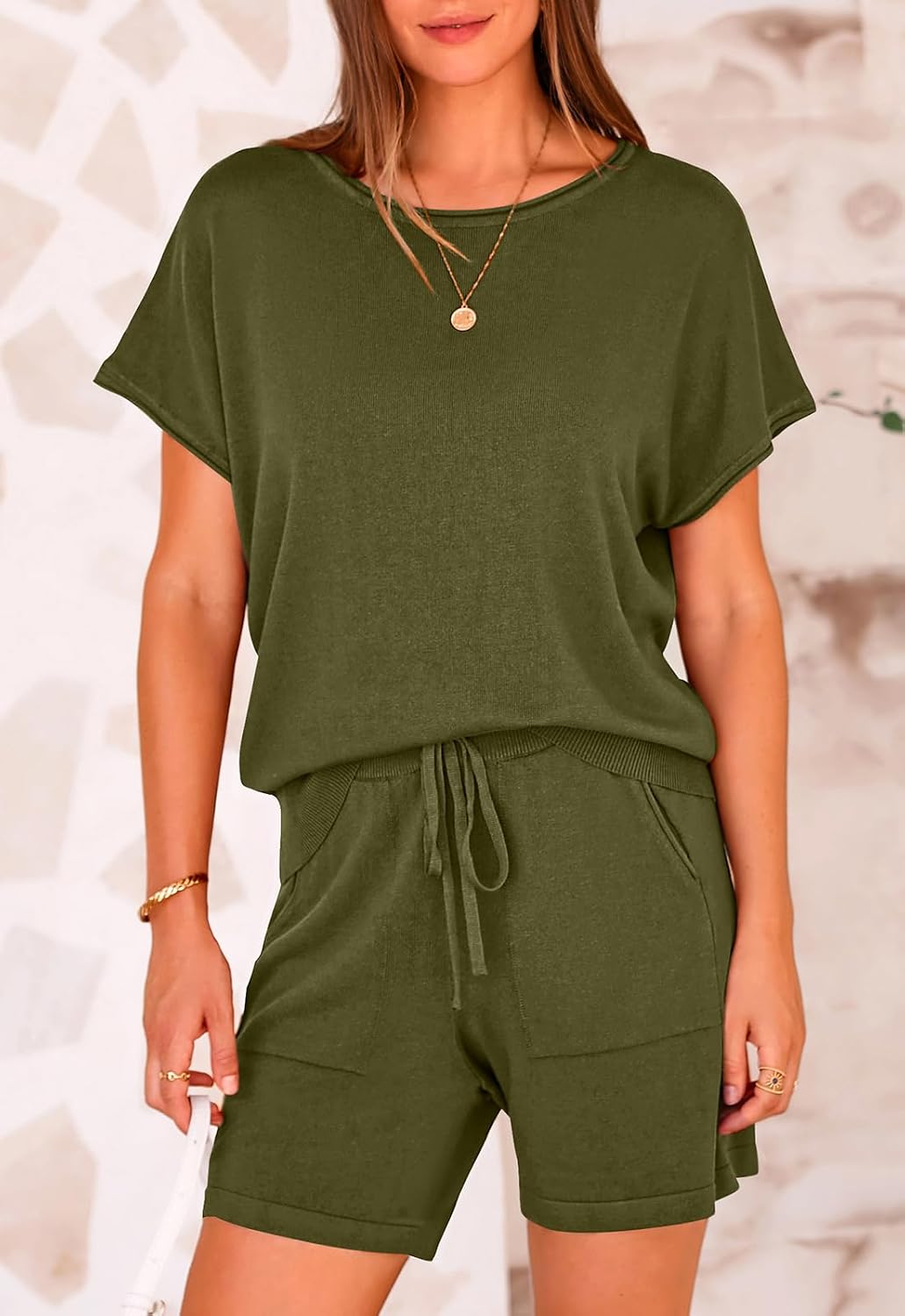 Two Piece Set for Women Summer Lounge Sets Shorts And Short Sleeve Tops Knitted Matching Travel Spring Outfits