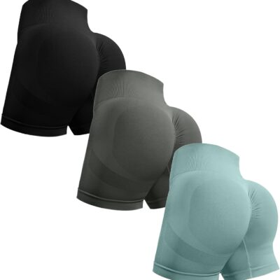 3 Piece Workout Shorts for Women Seamless Scrunch Butt Lifting High Waisted Yoga Gym Booty Running Short Pants