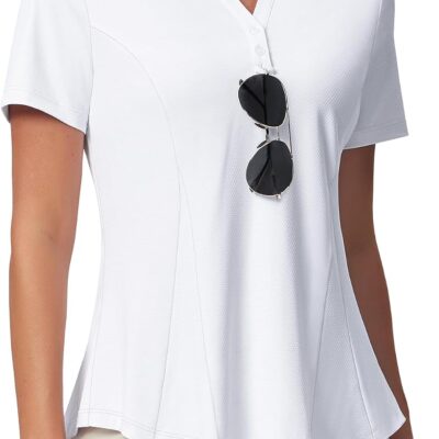 Women's Golf Polo Shirt with Sunglass Loop, No-Tuck Peplum Tennis Pickleball Top, V-Neck UPF 50+