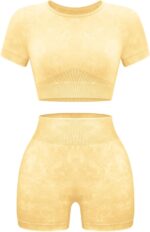Womens Workout Sets 2 Piece - Seamless Acid Wash Yoga Outfits Shorts and Crop Top Matching Gym Athletic Clothing Set