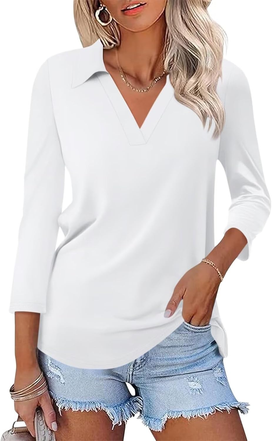 Women's 3/4 Sleeve V-Neck Collared Polo Shirt - Image 2