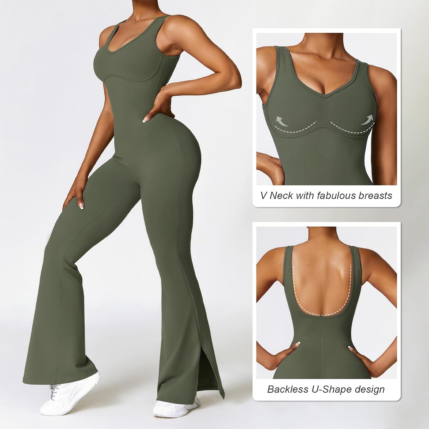 Women Flare Leg Jumpsuits Tummy Control Backless Unitard One Piece Workout Outfit V Neck Sleeveless Yoga Bodysuit - Image 2