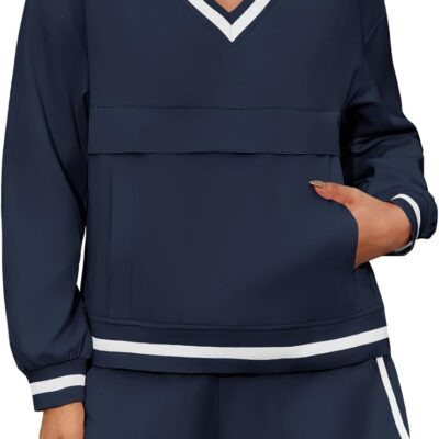 Womens 2 Piece Outfits Long Sleeve V Neck Sweatshirt High Waist Running Shorts Sets Loose Fall Workout Tracksuits