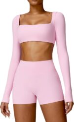Workout Sets for Women 2 Piece Square Neck Long Sleeve Crop Tops High Waist Biker Shorts Gym Sets