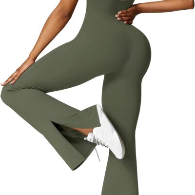 Women Flare Leg Jumpsuits Tummy Control Backless Unitard One Piece Workout Outfit V Neck Sleeveless Yoga Bodysuit