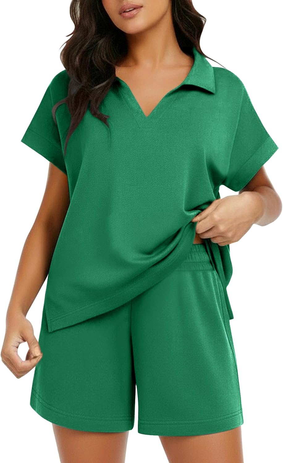 2 Piece Sets for Women Summer Lounge Sets Short Sleeve Sweatsuit V-neck Tops and Drawstring Shorts Outfits Tracksuit
