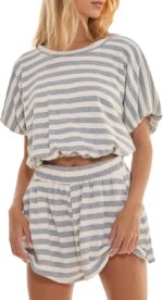 2 Piece Sets Women Striped Tee Shirt Shorts Set Short Sleeve Loose Fit Shirt Elastic Waist Shorts Lounge Outfits Set