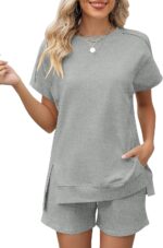 Womens Fashion 2 Piece Outfits Sweatsuits 2026 Summer Short Sleeve Loungewear Tracksuit Round Neck Lounge Shorts Sets
