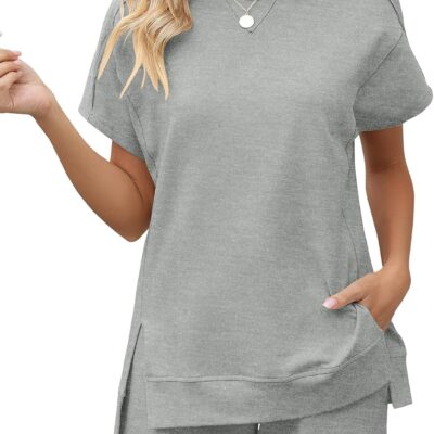 Womens Fashion 2 Piece Outfits Sweatsuits 2026 Summer Short Sleeve Loungewear Tracksuit Round Neck Lounge Shorts Sets