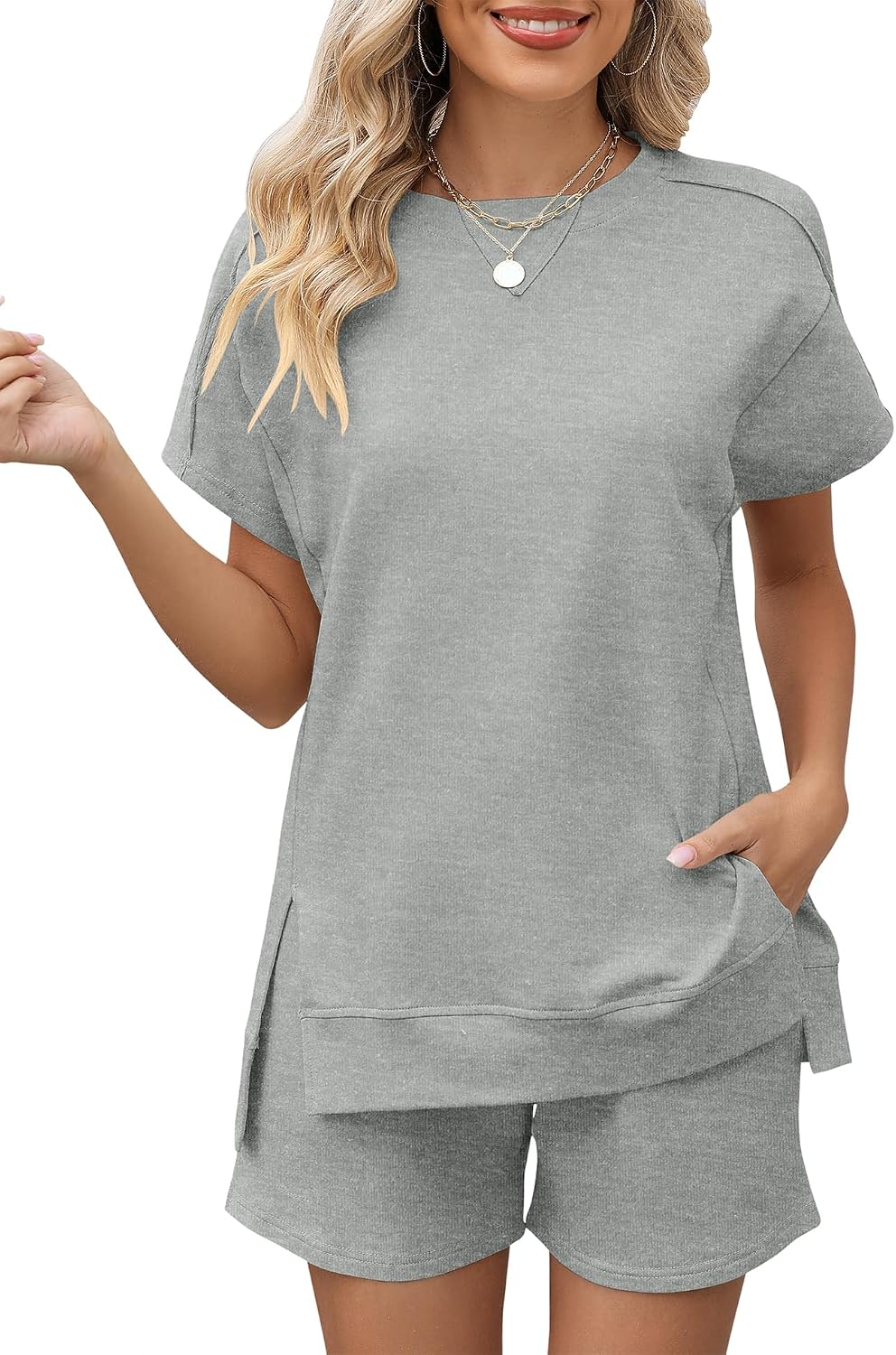 Womens Fashion 2 Piece Outfits Sweatsuits 2026 Summer Short Sleeve Loungewear Tracksuit Round Neck Lounge Shorts Sets