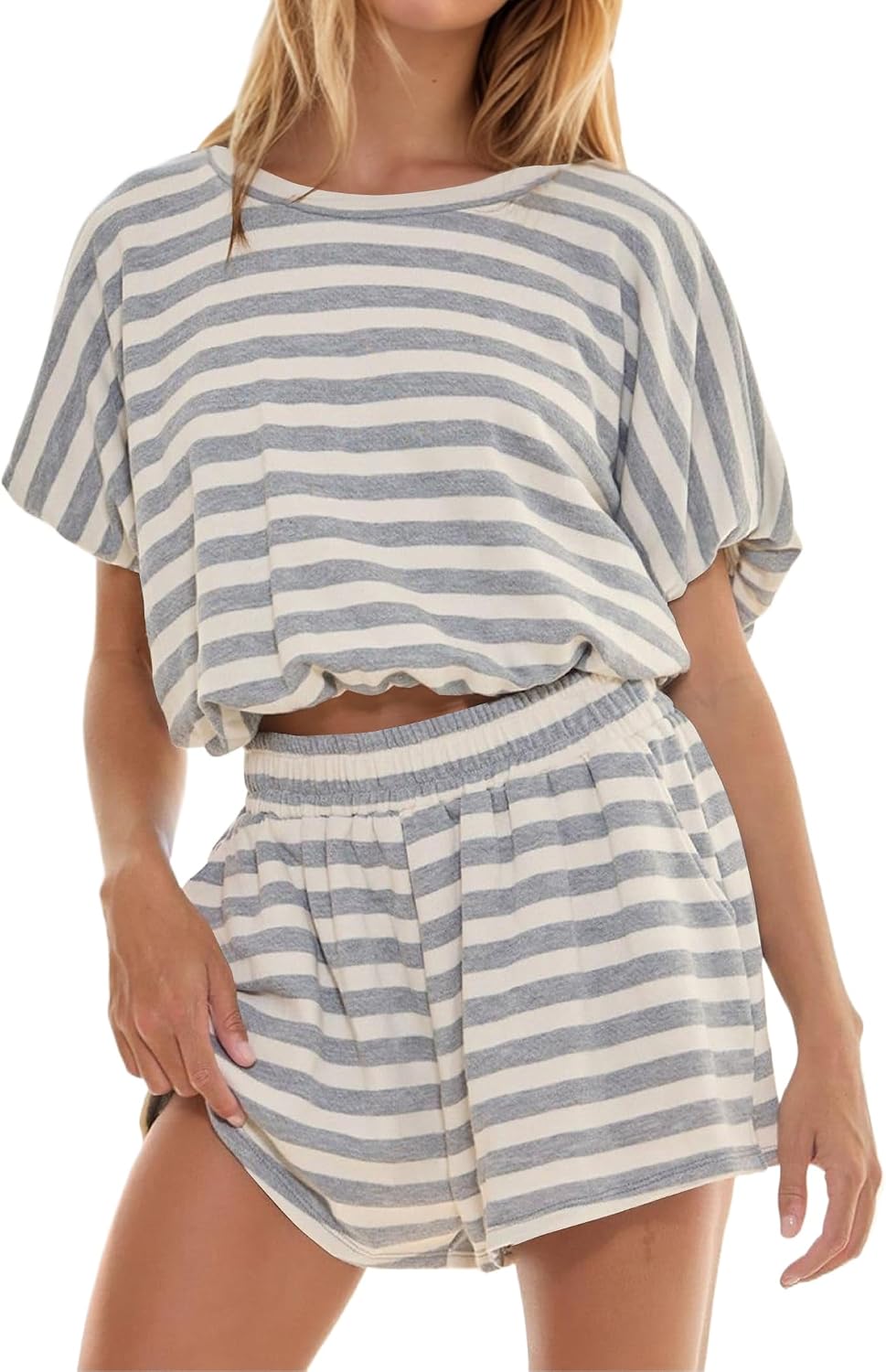 2 Piece Sets Women Striped Tee Shirt Shorts Set Short Sleeve Loose Fit Shirt Elastic Waist Shorts Lounge Outfits Set - Image 2