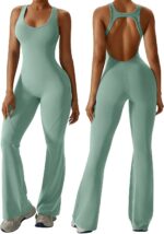Women Flare Jumpsuit with Bra Tummy Control Cutout Romper Workout Outfit Sleeveless Unitard One Piece Backless Bodysuit