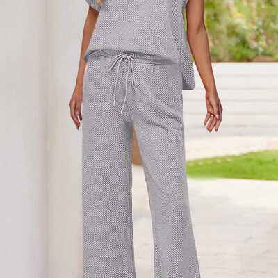 2 Piece Outfits For Women Casual Tracksuit Short Sleeve Tops And Wide Leg Long Pants Matching Lounge Sets