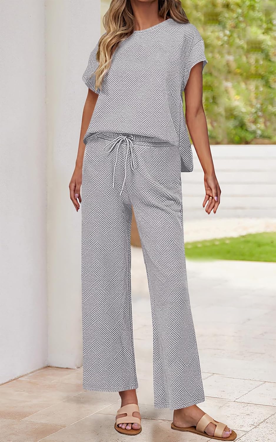 2 Piece Outfits For Women Casual Tracksuit Short Sleeve Tops And Wide Leg Long Pants Matching Lounge Sets