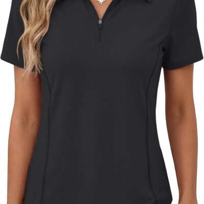 Women??s Short Sleeve Athletic Polo Shirt High Performance Stretch Quarter Zip Top for Golf Tennis