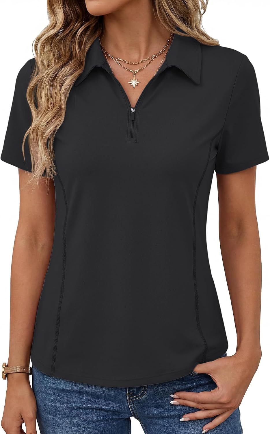 Women??s Short Sleeve Athletic Polo Shirt High Performance Stretch Quarter Zip Top for Golf Tennis