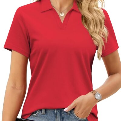 Women's Polo Shirts Cotton Pique Short Sleeve Summer Tops Collared V-Neck Work,Casual,Golf Shirt