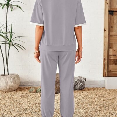 2 Piece Sets for Women Summer Lapel V Neck Short Sleeve Tops Long Pants Tracksuit Lounge Jogger Set with Pockets