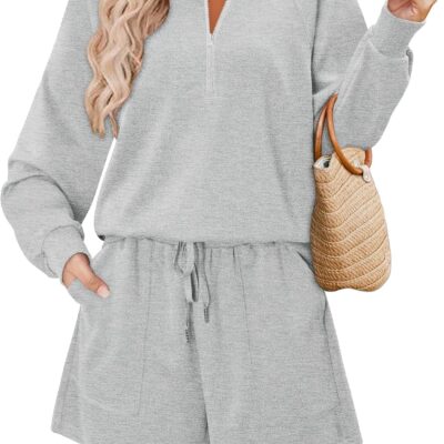 2 Piece Sets for Women Sweatsuit Casual Tracksuits Long Sleeve Tops and Shorts 2026 Lounge Outfits